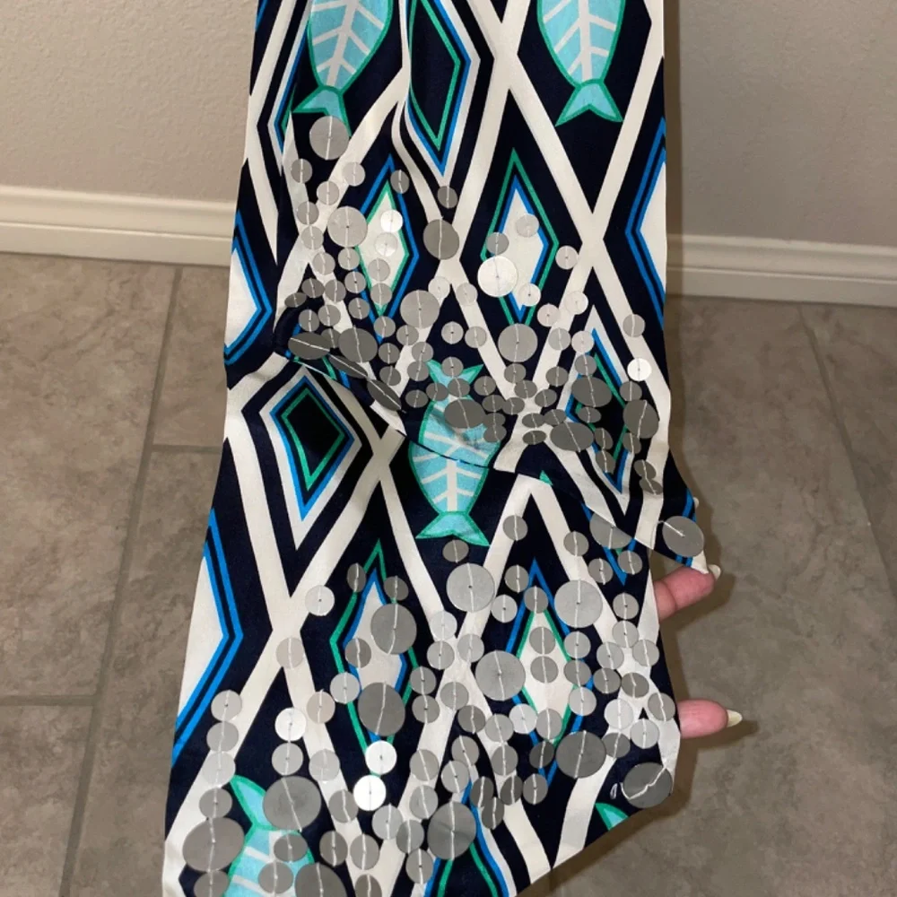 VINTAGE TORY BURCH 100% Silk Fish Print Blue/Turquoise  Kaftan Dress Size4
